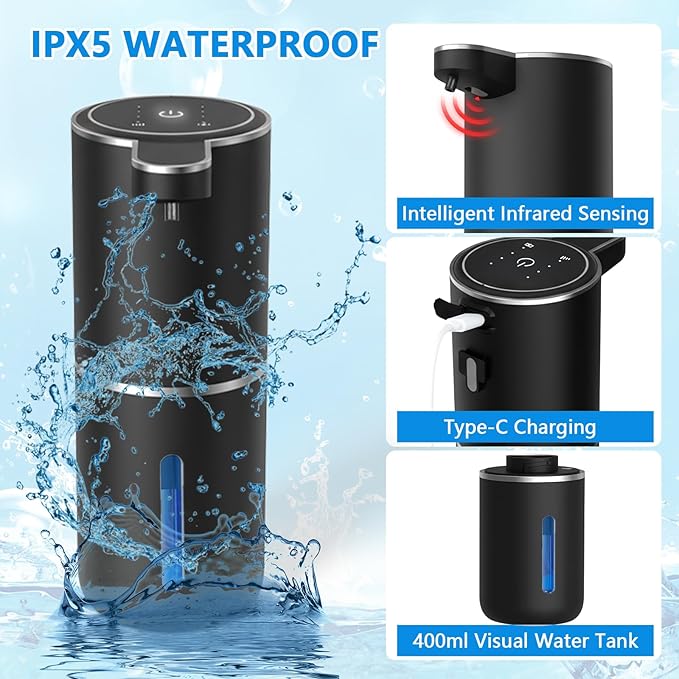 Automatic Soap Dispenser Touchless, USB Rechargeable Automatic Liquid Soap Dispenser, 12.8oz/380mL, 4 Level Adjustable, 1500mAh Smart Wall Mounted for Bathroom Kitchen Dish/Hand Soap