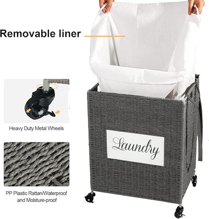 Mxfurhawa Laundry Basket, Heavy Duty Cotton Liner Laundry Storage Hamper with Handles, Collapsible Clothes Wire Basket Organizer Laundry Bag (2PCS-89GY-H)