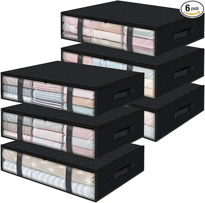 StorageRight Under Bed Storage Bins, 6-Pack 40L Foldable Fabric Storage Bags with Transparent Window, Breathable Organizer for Clothes/Blanket/Comforter/Quiltr, Black