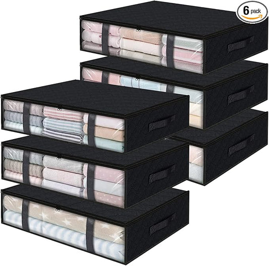StorageRight Under Bed Storage Bins, 6-Pack 40L Foldable Fabric Storage Bags with Transparent Window, Breathable Organizer for Clothes/Blanket/Comforter/Quiltr, Black