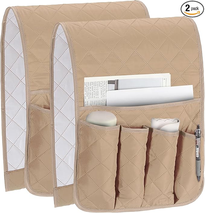 uxcell 2 Pcs Recliner Armchair Caddy, Couch Armrest Organizer with 5 Pockets for Bedside Sofa Remote Control Holder Magazine Phone Book Glasses (Beige, 35"x13")