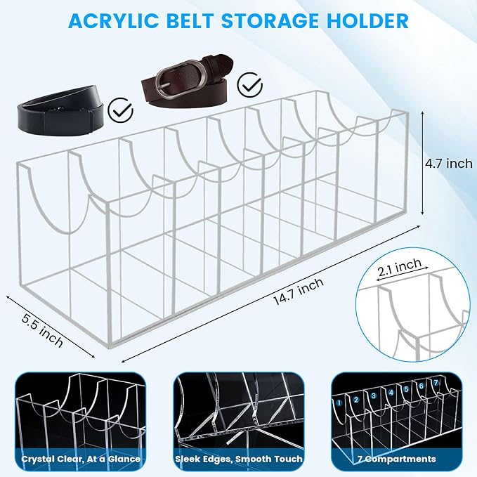 HAKDAY Belt Organizer, Acrylic Belt Storage Holder for The Closet 7 Compartments Display Case for Tie and Bow Tie
