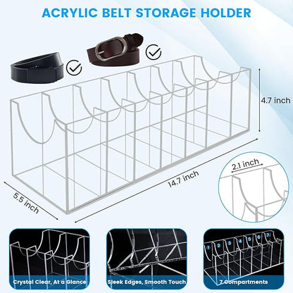 HAKDAY Belt Organizer, Acrylic Belt Storage Holder for The Closet 7 Compartments Display Case for Tie and Bow Tie