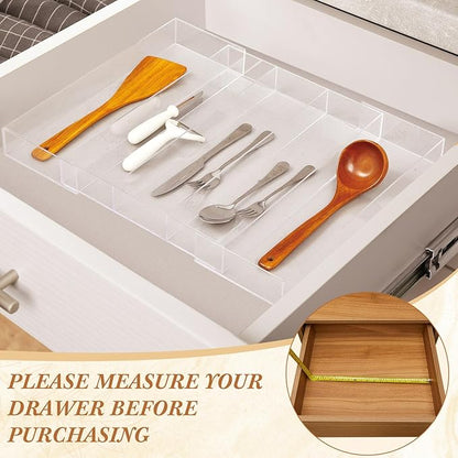 2 Packs Expandable Kitchen Drawer Organizer Clear Acrylic Utensil Organizer Adjustable Acrylic Silverware Storage for Drawers Silverware Flatware Knives (12 x 16 Inches,3-5 Compartments)
