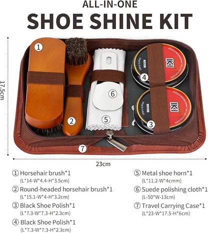 IKI Shoe Shine Polish Kit - 7PCS Leather Boot Care Kit with Black Shoe Polish Horsehair Brush Cloth Shoe Horn for Men