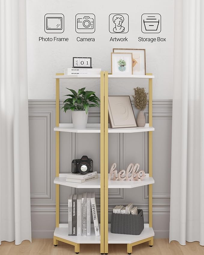 Corner Shelf Stand, Corner Bookshelf, Storage Standing Shelf Unit with Metal Frame, Plant Stand, Corner Bookcase for Living Room, Home Office, Bedroom, 4-Tier White Gold CS05803A