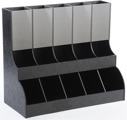 Displays2go K-Cup Organizer and Dispenser, 10 Compartments, Holds 75+ K-Cups, Countertop, ABS Plastic (Black)