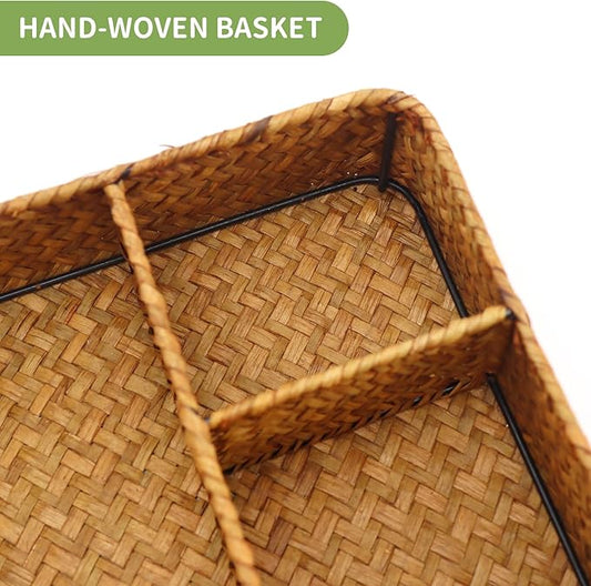 Wicker Baskets 4-Section Tea Bag/Sugar Packet Holder,Seagrass Woven Compartment Organizer,Storage Rattan Divided Basket,Office-Desk Baskets for Shelves,Pantry,Coffee Organizer,Countertops-Brown