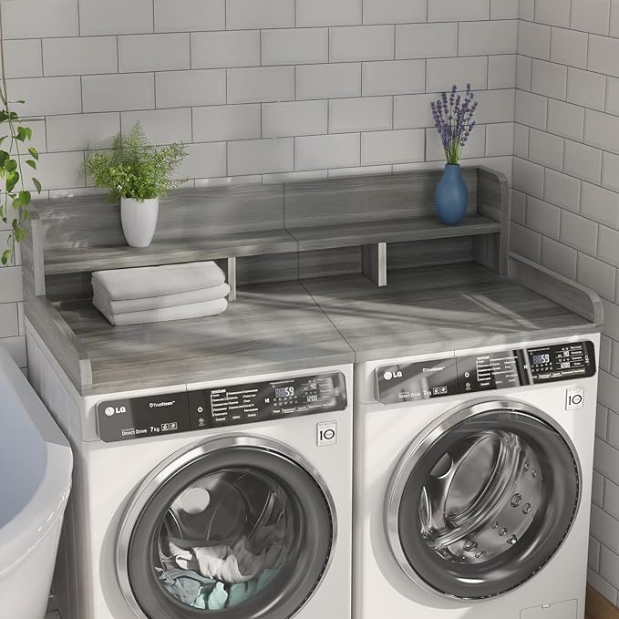Washer Dryer Countertop, Laundry Wood Shelf Topper with Edge, 2-Tier Laundry Countertop, for Washer and Dryer Laundry Hamper Counter Storage Organization (Grey)