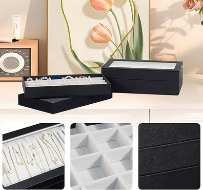 Stackable Jewelry Organizer Trays with Glass Lid,Jewelry Tray for Drawer Insert,Jewelry Display Case for Earring Necklace Ring Watch Bracelet,Black PU Leather Gray Velvet Lining,4 Layers