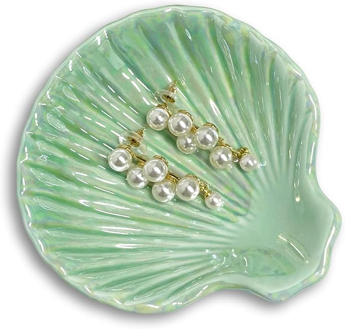 Ceramic Shell Ring Holder Dish, Small Shell Trinket Dish, Beachy Jewelry Plate for Earrings Necklace Valentine's Mother's Day Christmas Birthday Gifts for Women, 3.9", Ice Green Iridescent Surface