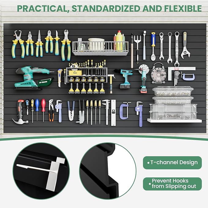 Slatwall Panel Wall Storage Systems, 4x8 ft Slat Wall Paneling Garage Wall Organizer with Six Hooks, Heavy Duty Wall Mounted PVC Wall Rack, Black