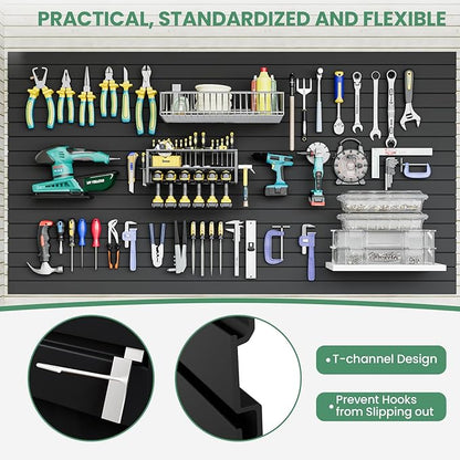 Slatwall Panel Wall Storage Systems, 4x8 ft Slat Wall Paneling Garage Wall Organizer with Six Hooks, Heavy Duty Wall Mounted PVC Wall Rack, Black