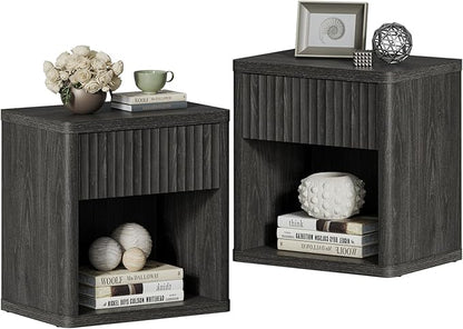 SICOTAS Night Stand Set of 2 Nightstands with Drawer Storage Fluted Bed Side Table End Table Large Modern Wide Bedside Mid Century Night Stands for Bedroom Living Room Sofa Office, Dark Grey Alder