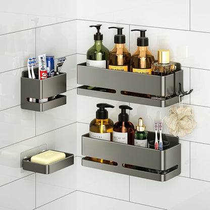 YESENT Bathroom Shower Caddy (5-Piece Set Storage Rack), Wall-Mounted Shelf with soap Dish and Toothbrush Holder, no Drilling Required, Ideal for Bathroom Storage and Also Suitable for Kitchen (Grey)