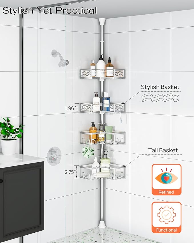 ALLZONE Corner Shower Caddy Tension Pole, Quick to Install, Easy to Adjust, Rust-Free Stainless Steel Shower Organizer Corner and Storage Shelves, Drill Free, Extends from 34 up to 116 Inch Tall