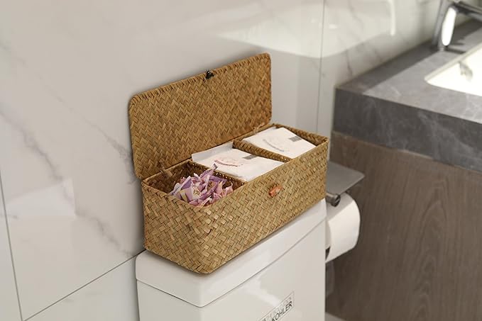 DOKOT Seagrass Woven Storage Basket with Lid, Rectangular Narrow Tampon Toilet Tank Organizer