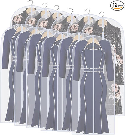 Garment Bag Covers (24''X55'' Set of 12) Lightweight White PEVA Breathable Bags with Study Full Zipper for Coat Protector Travel Laundry Wardrobe Closet