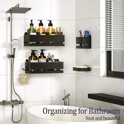 YESENT Bathroom Shower Caddy (5-Piece Set), Wall-Mounted Shelf with soap Dish and Toothbrush Holder, no Drilling Required, Ideal for Bathroom Storage and Also Suitable for Kitchen (Black)
