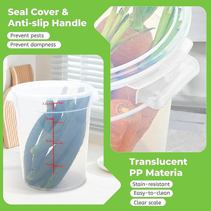 BIEAMA 4 Pack Round Food Storage Containers with Lids, 8Qt Translucent Commercial Food Container, Polypropylene, BPA Free, Includes Labels & Measuring Cups