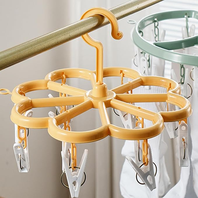 Laundry Drying Rack - 12 Clip Drying Hanger for Clothes | Foldable Drying Rack | 360° Rotation Laundry Clip and Drip Drying Hanger for Socks, Bras, Lingerie, Clothes, Sturdy, White