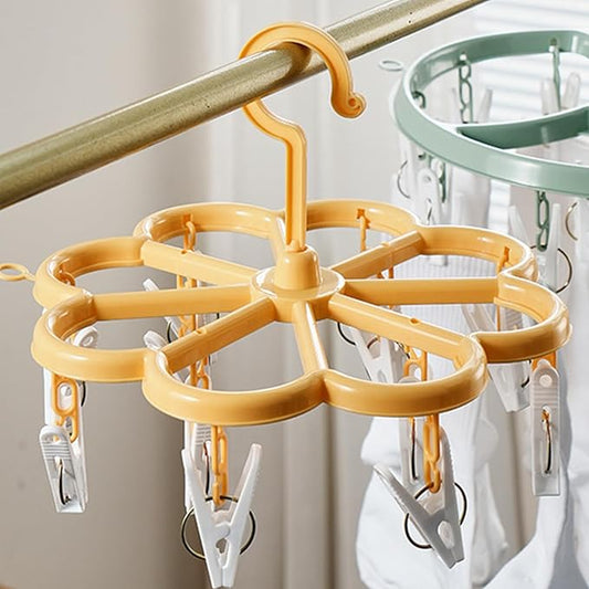 Laundry Drying Rack - 12 Clip Drying Hanger for Clothes | Foldable Drying Rack | 360° Rotation Laundry Clip and Drip Drying Hanger for Socks, Bras, Lingerie, Clothes, Sturdy, White