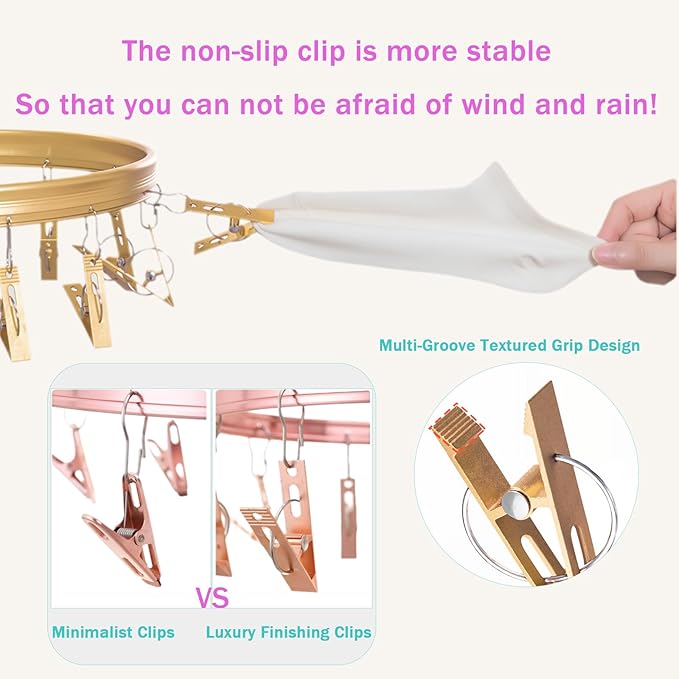Underwear Hanger for Drying with 26 Clips - Aluminum Hanging Drying Rack for Socks, Lingerie & Baby Clothes | Wind-Resistant Hook & Oval Design (Rose Gold)