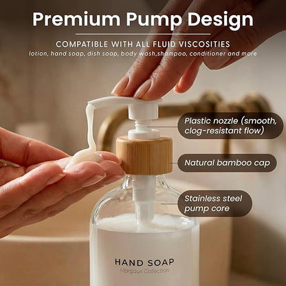 MaisoNovo Glass Hand Soap Dispenser | Dish Soap Dispenser for Kitchen | 16.9oz Clear Bottles with White Bamboo Pump | Bathroom Lotion Dispenser