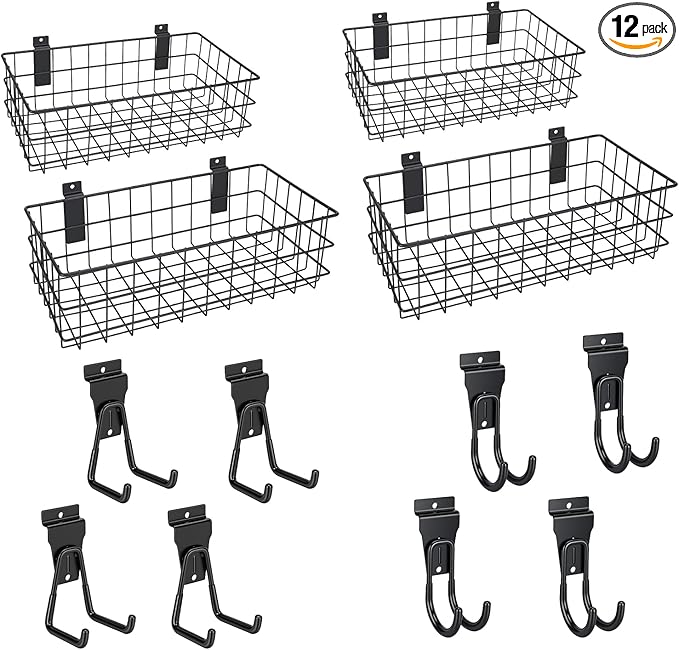 12Pack Slatwall Organizer Kit with 4PCs Slatwall Baskets (10.5 to 13.5 inches), and 8PCs Slat Wall Hooks Heavy Duty, Slatwall Accessory for Garage, Retail Display and Home Storage