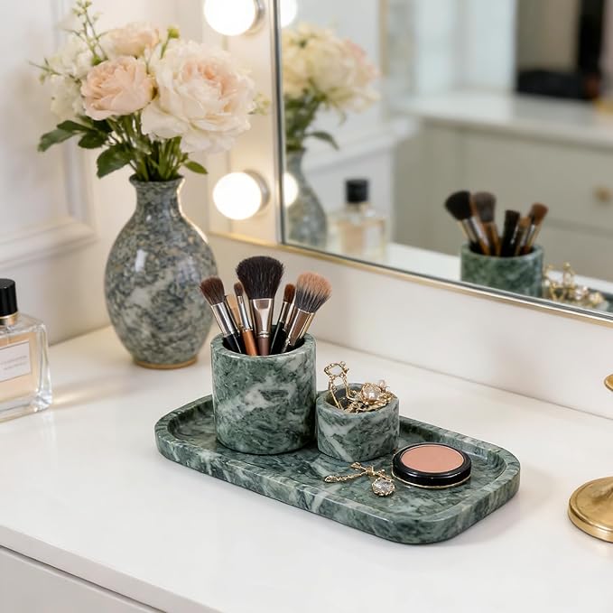 Koville Marble Tray, 10"x5" Marble Vanity Tray for Bathroom Countertop Kitchen Sink, Rectangular Stone Tray for Perfume Fragrance, Decorative Catchall Tray Jewelry Cosmetics Organizer(Green)