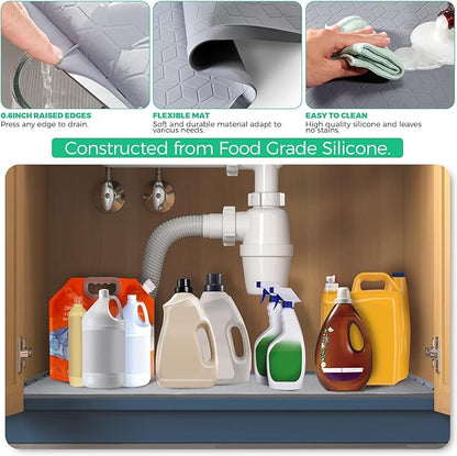 TRZZ Silicone Waterproof Under Sink Mat 34" x 19", Drip Tray and Cabinet Liner for Kitchen and Bathroom, Prevents Water Damage and Organizes Cabinets (Grey)