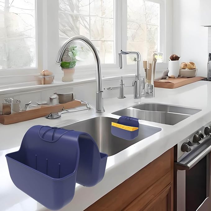 VPASION Sponge Holder for Kitchen Sink, Silicone Sink Saddle Caddy Organizer Rack, Sponges Holder Over Faucet, Hanging Kitchen Organizer Accessories Rack Basket Navy Blue