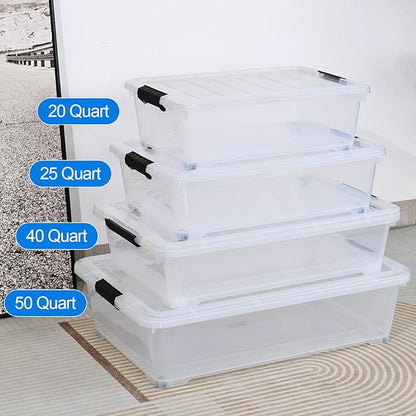 Xyskin 4-Pack Wheeled Underbed Organizer Bins with Latching Lids, 25 Qt Plastic Under Bed Storage Organizer Bin Container, Clear