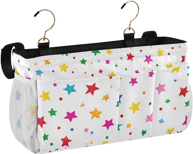 CuwrYet Bedside Caddy Hanging Bunk Bed Caddy Bed Organizer Hanging Pocket with 2 Hooks Bedside Storage Organizer Pocket Bag Holder Small Colorful Stars and Dots
