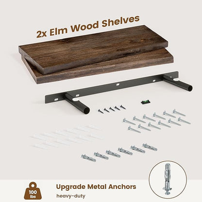 Live Edge Elm Floating Shelves for Wall Decor, Rustic Solid Wood Shevles Wall Mounted with Invisible Bracket for Living Room Bathroom Bedroom Kitchen, 24 Inch Set of 2, Walnut