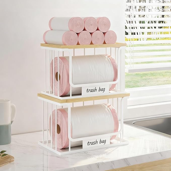 2 Pack Trash Bag Holder, Extra Large and Large Stackable Garbage Bag Dispenser Under Sink with Bamboo Top & Metal Base for Kitchen Countertop Storage, Laundry, Pantry Organizer (White, L+XL)