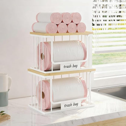 2 Pack Trash Bag Holder, Extra Large and Large Stackable Garbage Bag Dispenser Under Sink with Bamboo Top & Metal Base for Kitchen Countertop Storage, Laundry, Pantry Organizer (White, L+XL)
