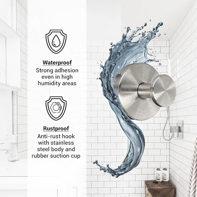 Welsa Suction Cup Hooks for Shower - 2 Pack, Matte Chrome - Stainless Steel, Strong Suction, No Drill, Removable Hanger, Tile Bathroom Kitchen Wall, Glass Door, Mirror Hook Hanging Robe, Towel Holder