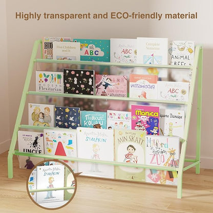 High-Transparent 4 Tier Kids Bookshelf, Sturdy Metal Large Size Book Rack Storage for Kid - Toddler Book Shelf Display for Nurasery, Playroom or Kids Room, Bookshelf Hold More Books - Green