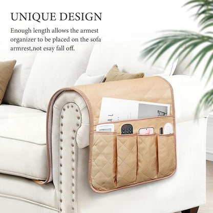 AUVCAS Sofa Armrest Organizer Non-Slip Arm Chair Bedside Caddy Storage Organizer for Recliner Couch with 5 Pockets for Cell Phone TV Remote Control Magazines (LIGHT KHAKI)