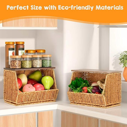 2 Tier Fruit Basket for Kitchen Counter Stackable Wall Mounted Hanging Basket Wicker Hanging Baskets with Wood Lid for Onion Fruit Vegetable Storage
