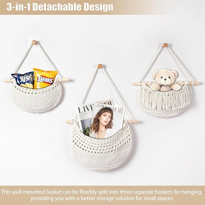3 Tier Hanging Fruit Baskets for Kitchen, Boho Cotton Rope Handwoven Vegetable Hammock Produce Storage Wall Mounted Large Organizing Basket for Farmhouse Decor, Over The Door, Onion, Potato (White)