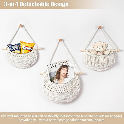 3 Tier Hanging Fruit Baskets for Kitchen, Boho Cotton Rope Handwoven Vegetable Hammock Produce Storage Wall Mounted Large Organizing Basket for Farmhouse Decor, Over The Door, Onion, Potato (White)