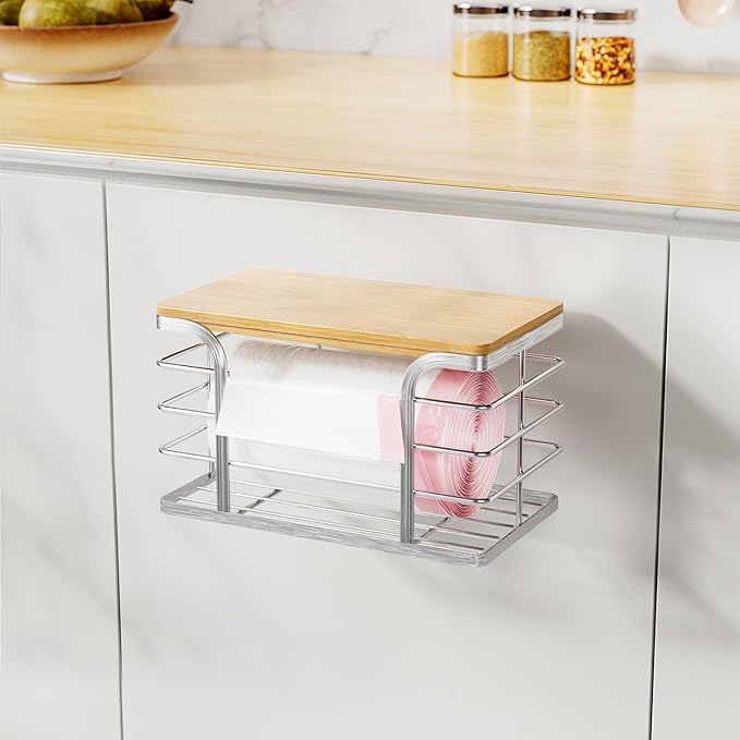 Trash Bag Holder with Bamboo Top, Wall Mount 304 Stainless Steel Garbage Bag Dispenser,Stackable Storage Suitable for Garbage Bags of 100 Rolls under 13 Gallons,Silver Small