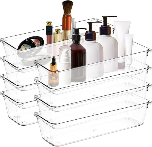 Ravinte Decor 8 Pack Drawer Organizer - 3" X 9" Clear Acrylic Storage Bins with Non-Slip Pads, Versatile Desk Tray for Makeup, Jewelry, Kitchen, Bathroom, and Office Organization