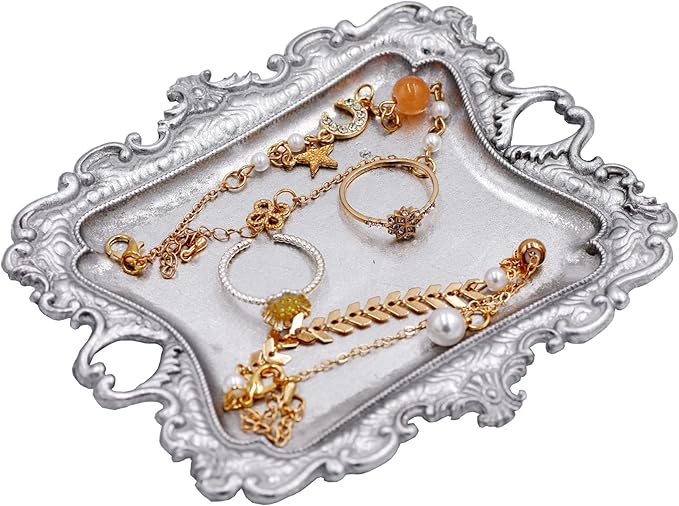 Funly mee Antique Trinket Dish Vintage Metal Jewelry Tray, Ring Holder (Sliver, S)
