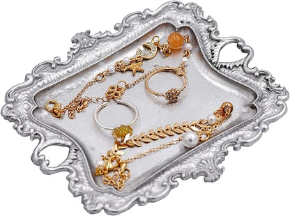 Funly mee Antique Trinket Dish Vintage Metal Jewelry Tray, Ring Holder (Sliver, S)