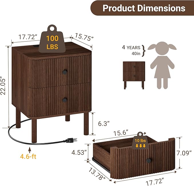 FavourLife Night Stand Set of 2 with Charging Station, 18" Fluted Nightstand with Rounded Corners & Solid Wood Legs, 2 Drawers End Table, Mid Century Modern Bedside Table for Bedroom, Walnut