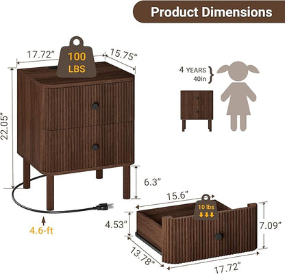 FavourLife Night Stand Set of 2 with Charging Station, 18" Fluted Nightstand with Rounded Corners & Solid Wood Legs, 2 Drawers End Table, Mid Century Modern Bedside Table for Bedroom, Walnut