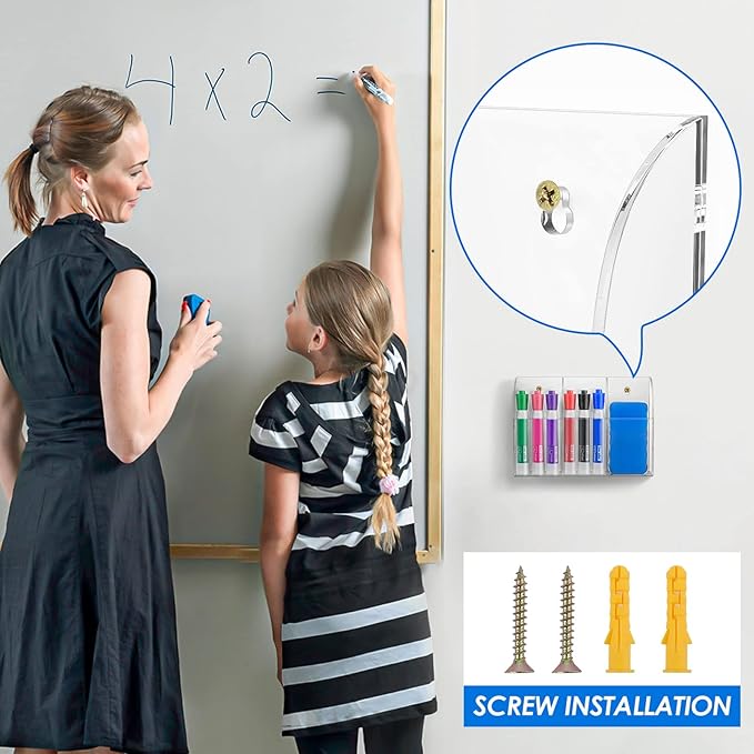 MaxGear Wall Marker Holder 3 Compartments, 2 Pack Desk Acrylic Organizer for Remotes, Pens, Makeup, Markers, Clear Remote Control Holder for Whiteboard Accessories-7.8'' x 1.6'' x 5.5''